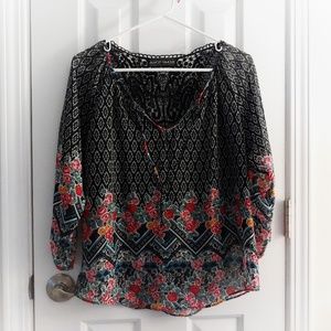 3/4 Sleeve Black Sheer Boho Blouse